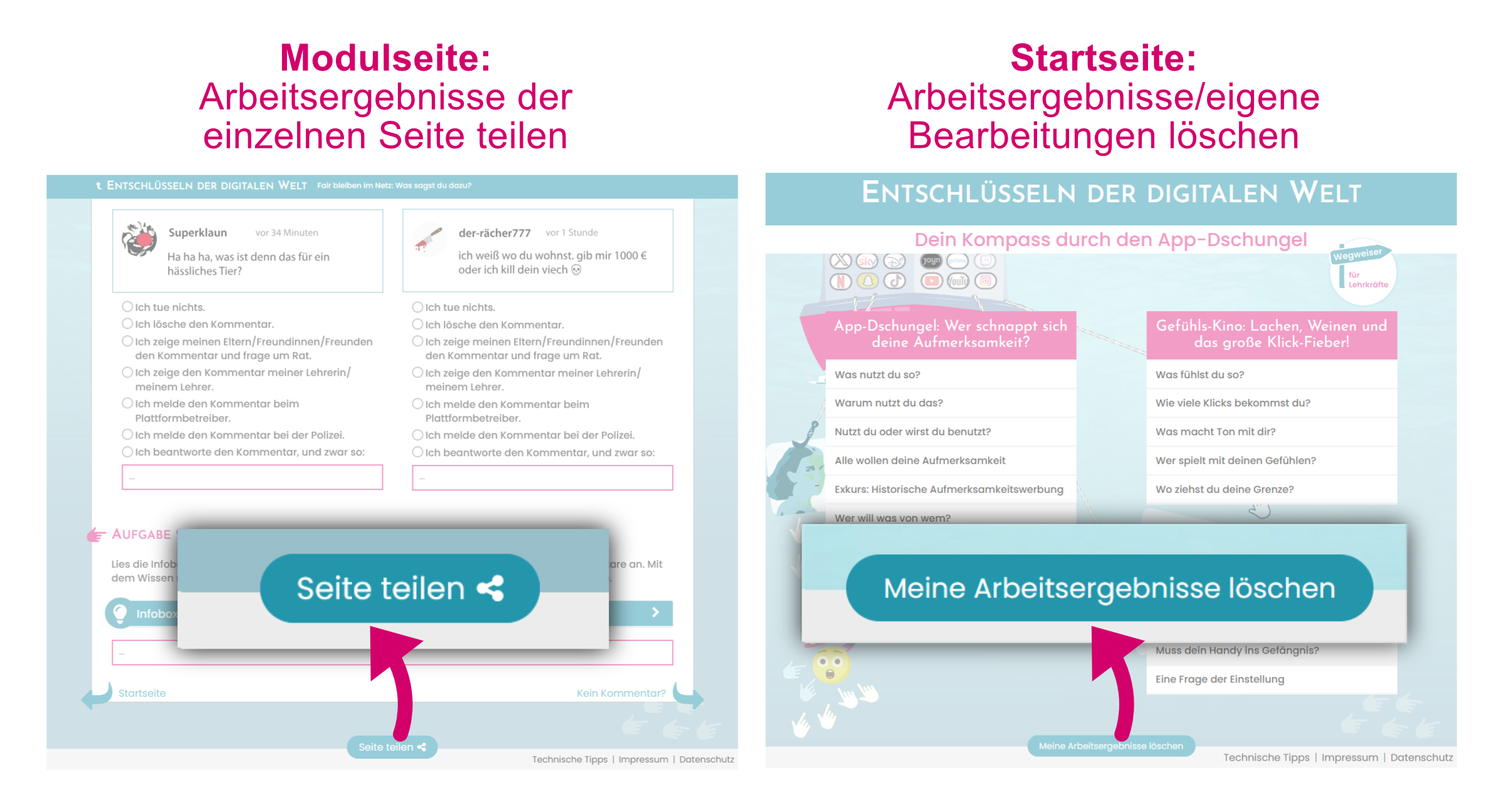 Visuelle Darstellung der Buttons Seite teilen und Arbeitsergebnisse löschen